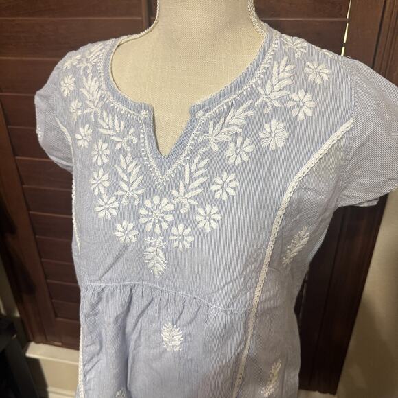 Jayshree Dalal Blue White stripe Peasant Boho Dress Size M Embroidered Cottage M - Picture 2 of 8